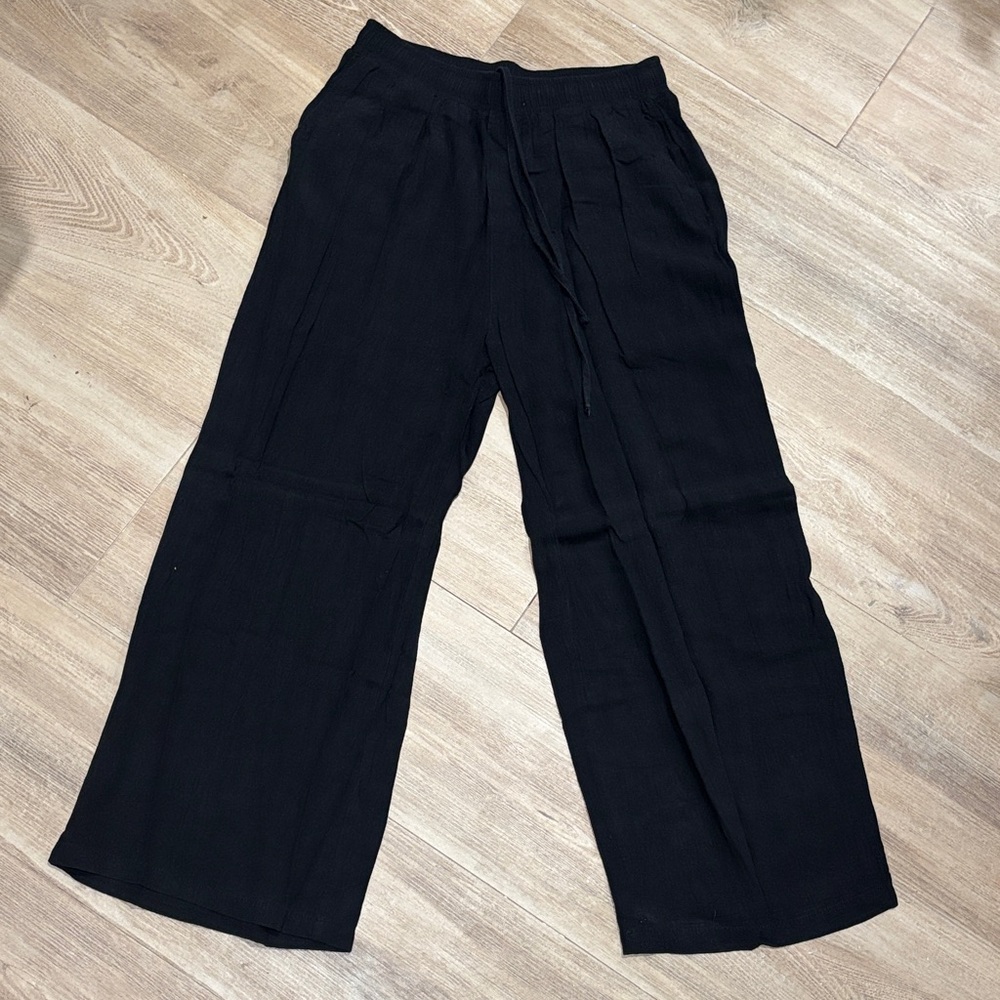 Women's Linen Black Wide-Leg Drawstring Pants